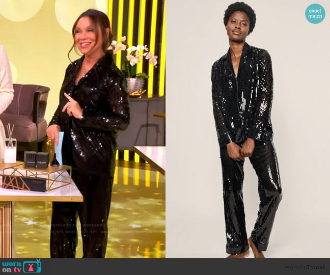 M.M. Lafleur The Petite Plume Pajama Set in Black Sequins worn by Gretta Monahan on The View