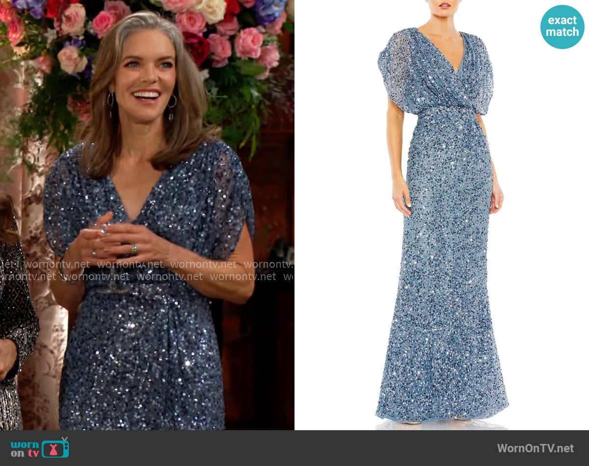Mac Duggal Draped Sleeve Sequin V-Neck Gown in Slate Blue worn by Diane Jenkins (Susan Walters) on The Young and the Restless