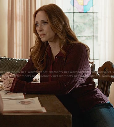 Maddie's purple ribbed collared cardigan on 9-1-1