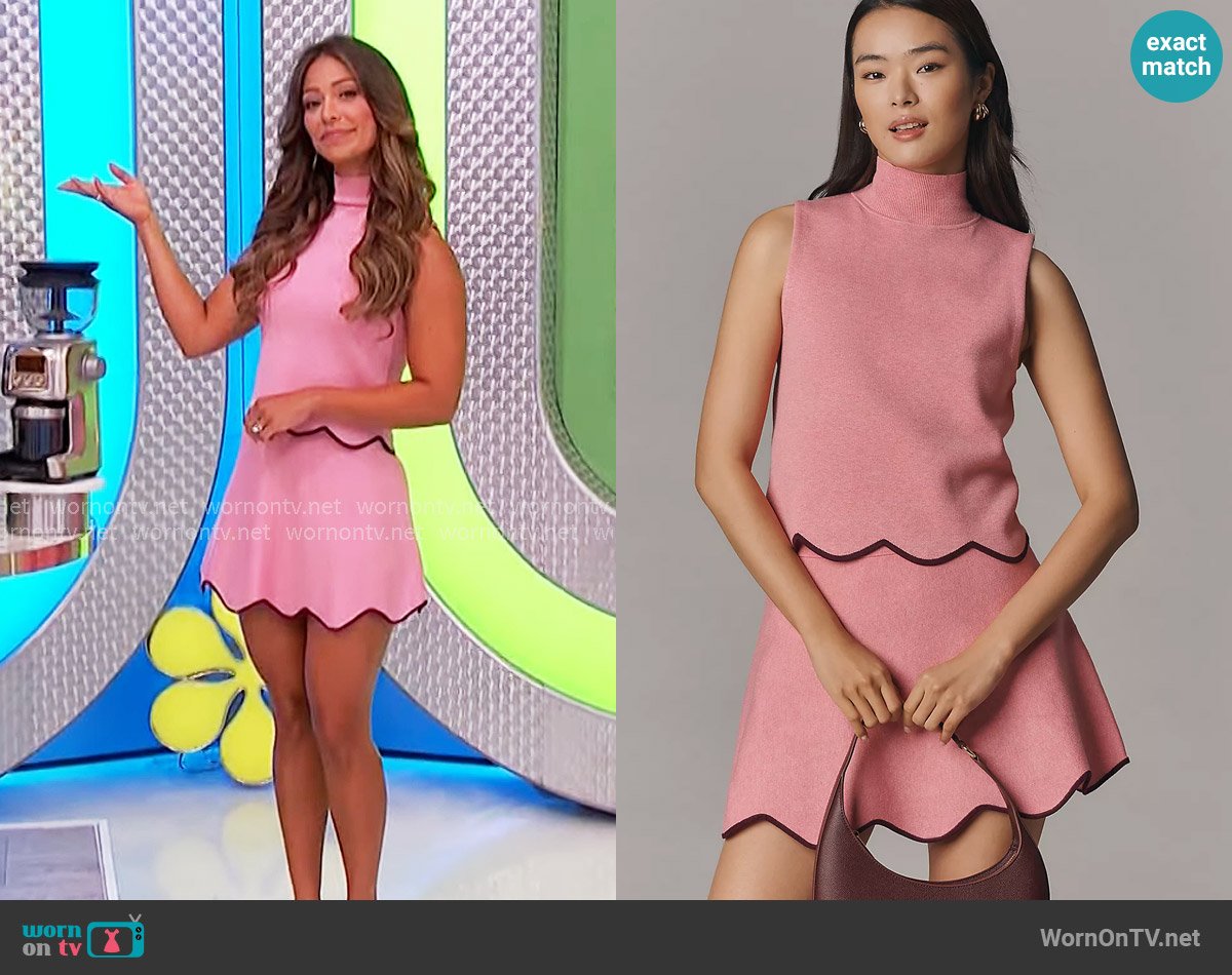 Maeve at Anthropologie Scalloped Turtleneck Sweater Tank Top and Skirt worn by Manuela Arbeláez on The Price is Right