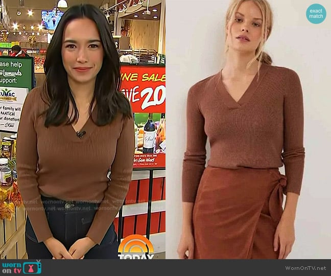 Maeve Thea Metallic V-Neck Sweater worn by Emilie Ikeda on Today