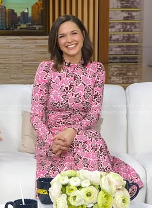 Maggie’s pink floral print midi dress on Good Morning America