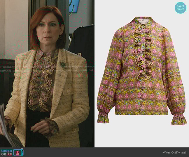 Maison Common Floral Print Carmen Miranda Blouse with Detachable Jabot worn by Elsbeth Tascioni (Carrie Preston) on Elsbeth