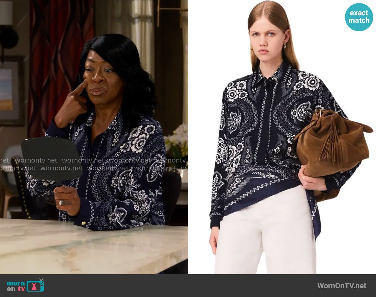 Maje Bandana Printed Blouse worn by Tina Butler (Tichina Arnold) on The Neighborhood