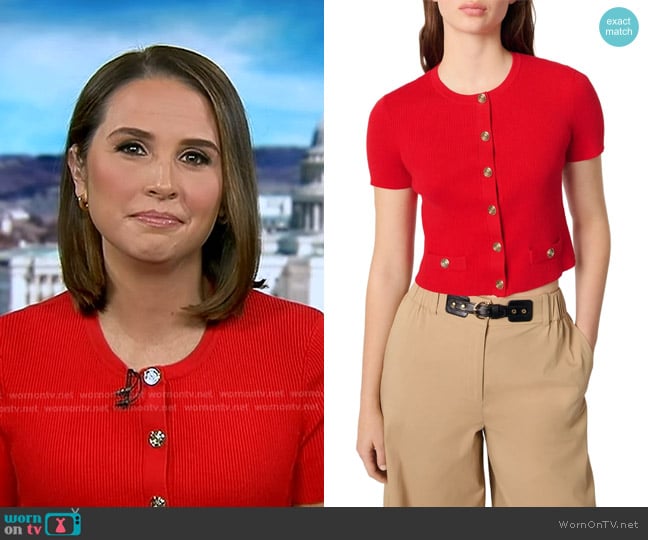 Maje Cropped Short Sleeve Cardigan with Gold Buttons worn by Elizabeth Schulze on Good Morning America