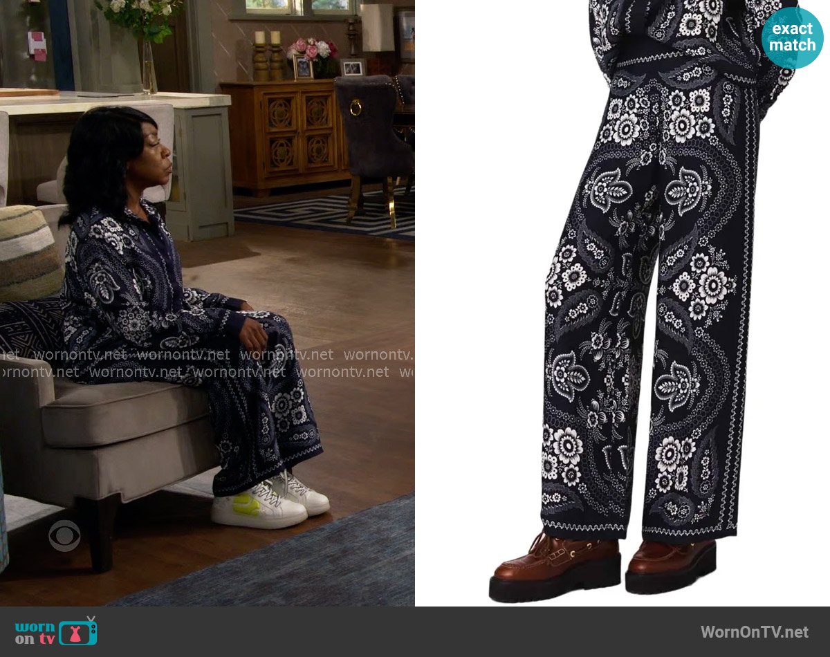 Maje Flowing Bandana Print Pants worn by Tina Butler (Tichina Arnold) on The Neighborhood