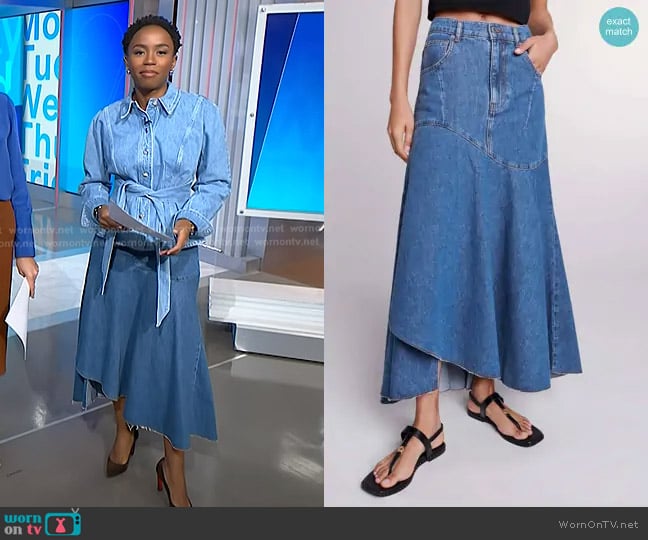 Maje Jondulys Asymmetrical Denim Skirt worn by Zinhle Essamuah on NBC News Daily