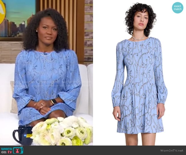 Maje Patterned Pleated Dress in Blue Chains Print worn by Janai Norman on Good Morning America