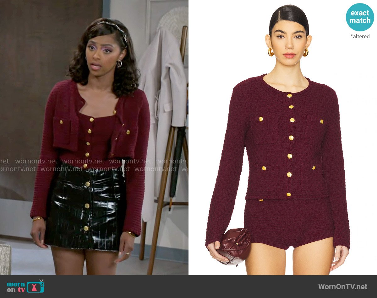 Majorelle Evaline Cardigan in Oxblood worn by Kat Richardson (Colby Muhammad) on Beyond the Gates