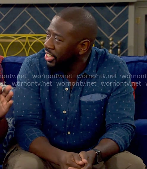 Malcolm's dotted print denim shirt on The Neighborhood