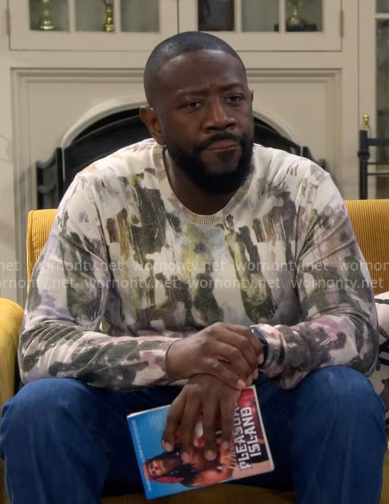 Malcolm's painted print sweater on The Neighborhood