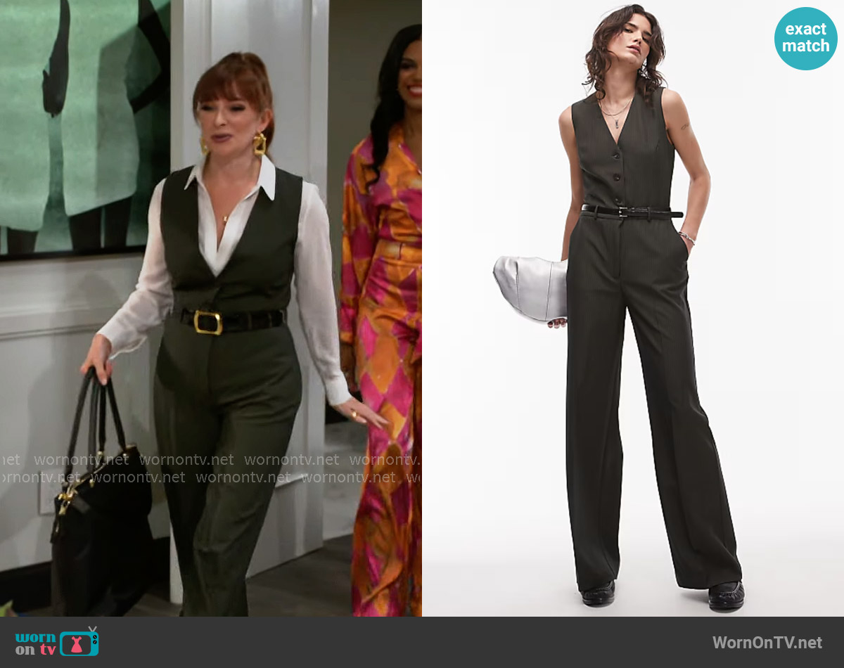 Mango Pinstripe jumpsuit with belt worn by Pamela Curtis (Cady McClain) on Beyond the Gates