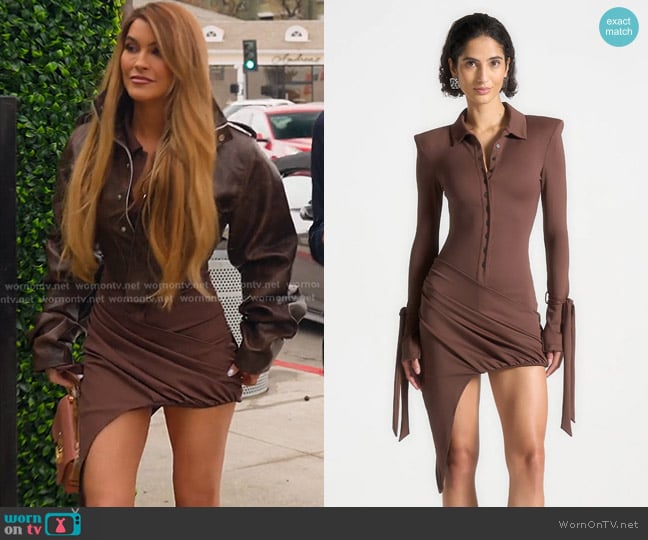 Maniere de Voir Diane Draped Asymmetric Mini Dress in Brown worn by Chrishell Stause on Selling Sunset