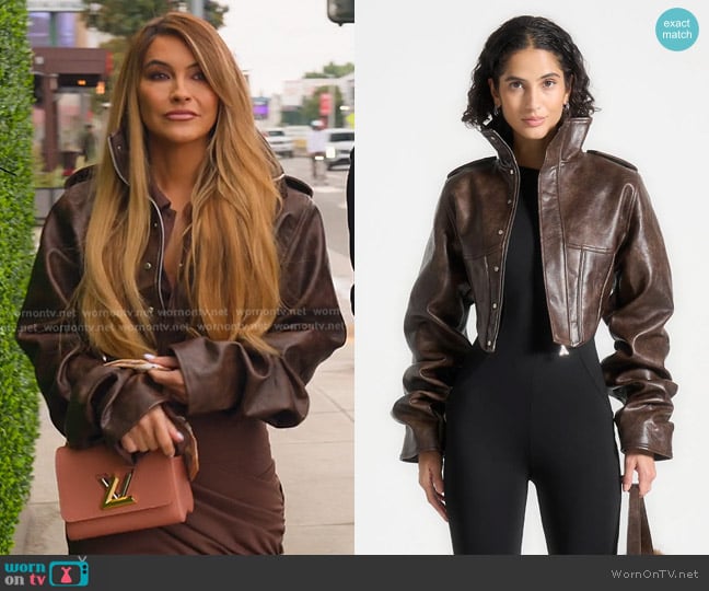 Maniere de Voir Solange Vintage Leather Tacked Sleeve Corset Jacket in Brown worn by Chrishell Stause on Selling Sunset