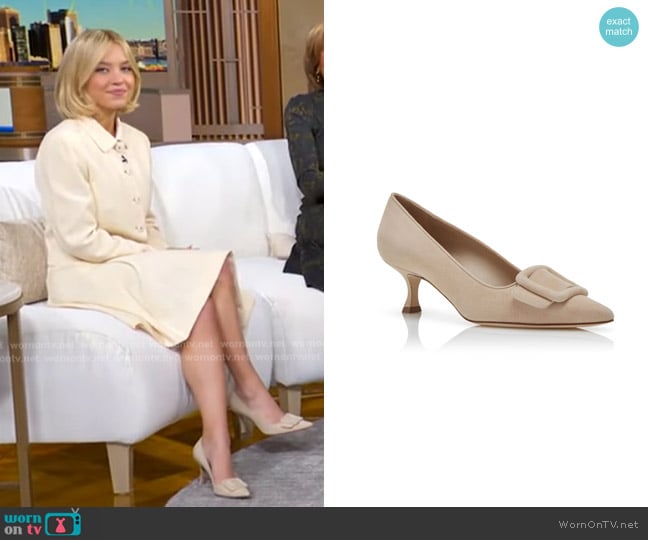 Manolo Blahnik Maysale Suede Pointed-Toe Buckle Pumps worn by Sydney Sweeney on Good Morning America