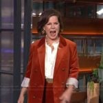 Marcia Gay Harden’s orange velvet blazer and pants on The Kelly Clarkson Show