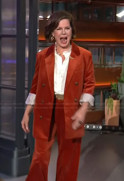 Marcia Gay Harden’s orange velvet blazer and pants on The Kelly Clarkson Show