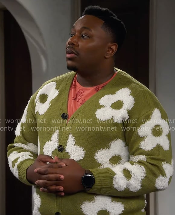 Marty's green flower cardigan and pink cactus print t-shirt on The Neighborhood
