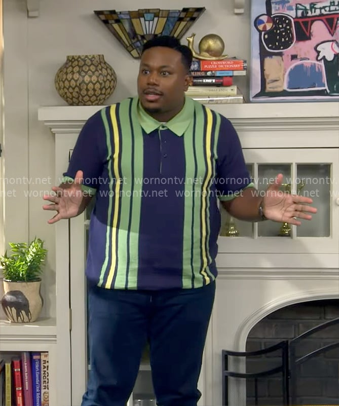 Marty's navy and green striped polo shirt on The Neighborhood