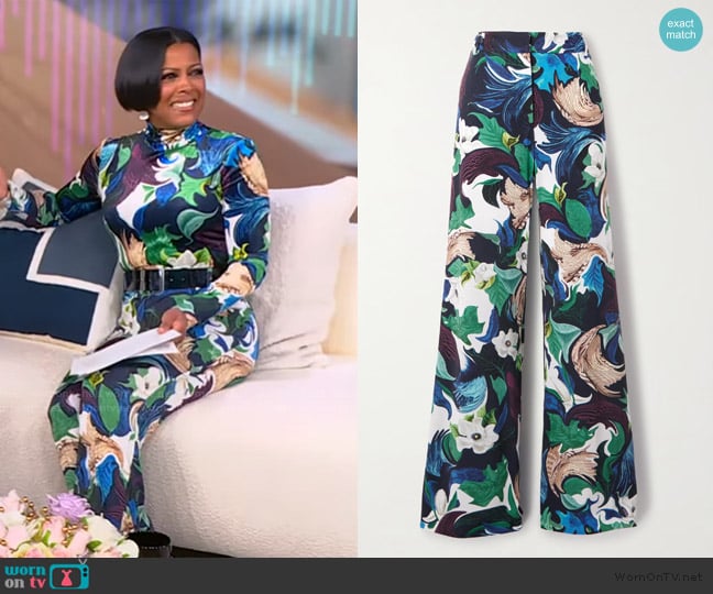 Mary Katrantzou Bryne printed stretch-jersey wide-leg pants worn by Tamron Hall on Tamron Hall Show