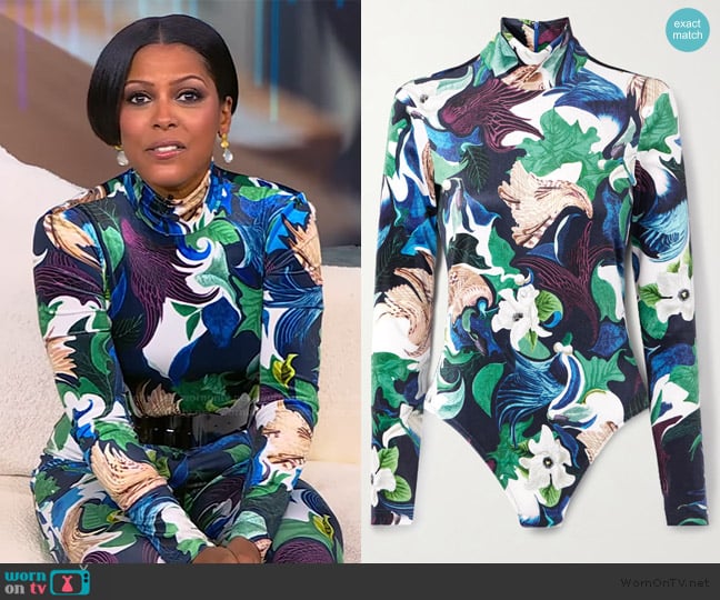 Mary Katrantzou Jordan printed stretch-velvet turtleneck bodysuit worn by Tamron Hall on Tamron Hall Show