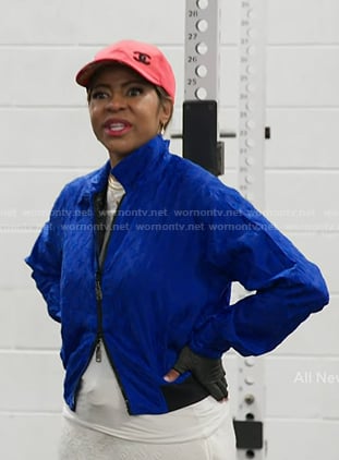 Mary's blue monogram jacket and pink baseball cap on The Real Housewives of Salt Lake City