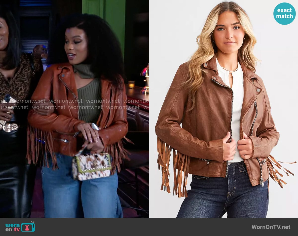 Mauritius Leather Fringe Jacket worn by Eva Thomas (Ambyr Michelle) on Beyond the Gates