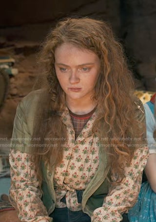 Max's beige floral button down shirt on Stranger Things