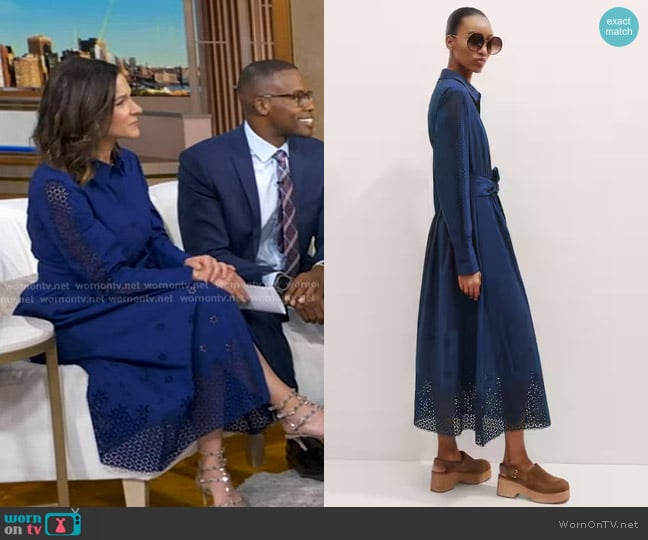 Me + Em Cotton Broderie Border Maxi Shirt Dress + Belt in True Blue worn by Maggie Rulli on Good Morning America