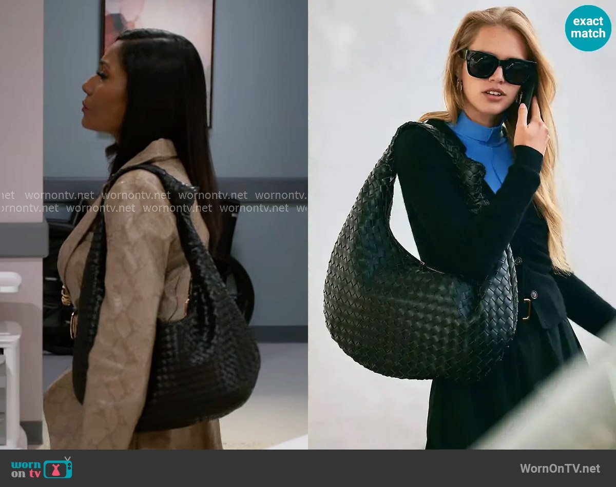 Melie Bianco The Brigitte Woven Faux-Leather Satchel Bag Oversized Edition worn by Dana 'Leslie' Thomas (Trisha Mann-Grant) on Beyond the Gates