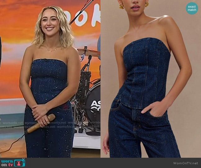 Meshki Monte Strapless Diamante Denim Corset worn by AShley Cooke on Today