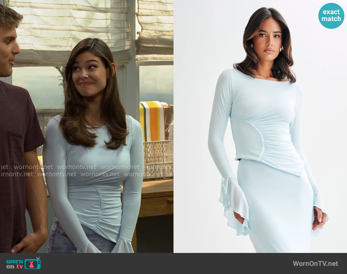 Meshki Stevie Bell Sleeve Slinky Top in Sky Blue worn by Electra Forrester (Laneya Grace) on The Bold and the Beautiful