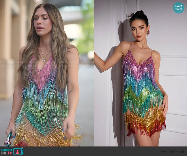 Mew Mews Indy V Neck Rainbow Crystal Fringe Mini Dress worn by Jessi Ngatikaura on The Secret Lives of Mormon Wives