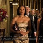 Mia's metallic strapless evening dress on The Morning Show