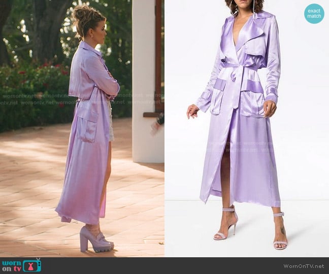 Michael Lo Sordo Belted Silk-satin Trench Coat in Lilac worn by Chrishell Stause on Selling Sunset