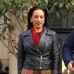 Michelle Miller’s striped dress and leather jacket on CBS Mornings