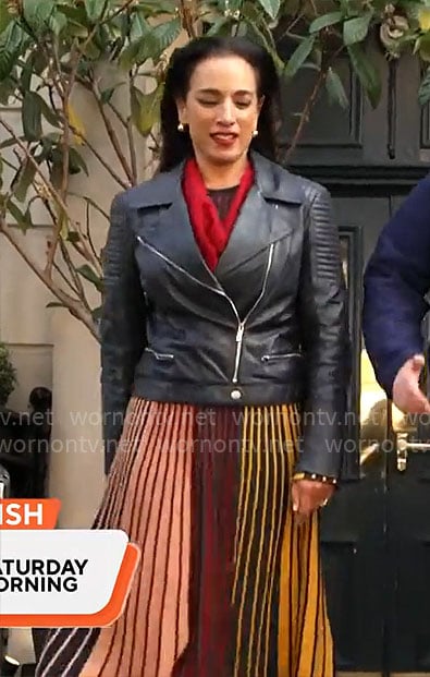 Michelle Miller’s striped dress and leather jacket on CBS Mornings