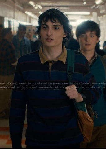 Mike's striped rugby shirt with corduroy colloar on Stranger Things