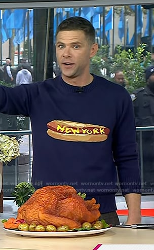 Mikey Day's navy hot dog sweater on Today