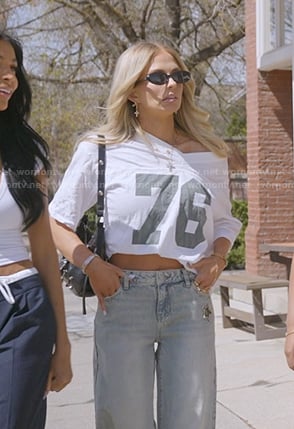 Miranda's white 76 print tee on The Secret Lives of Mormon Wives