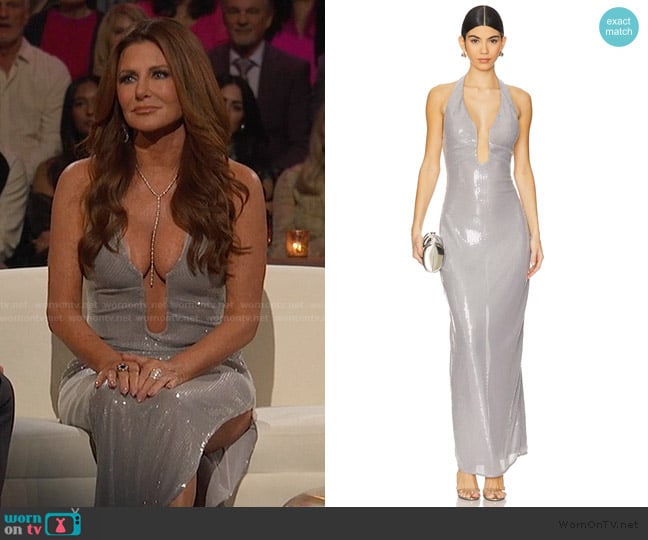 Cindy’s silver plunging gown on The Golden Bachelor