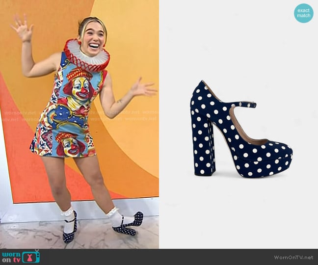 Miu Miu Canvas Polka Dot Platform Mary Janes worn by Haley Lu Richardson on Today