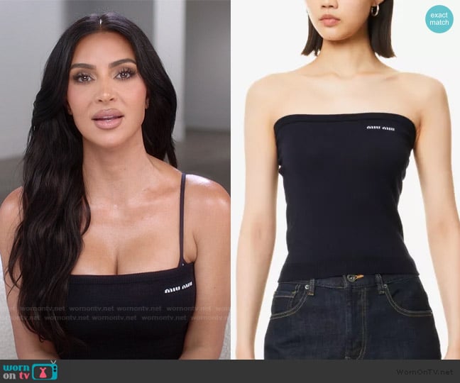 Miu Miu Logo Motif Tube Top worn by Kim Kardashian (Kim Kardashian) on The Kardashians