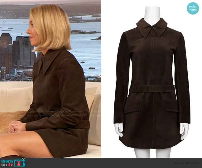 Miu Miu Miuccia  Suede Shirtdress in Chocolate Brown worn by Sydney Sweeney on The Drew Barrymore Show