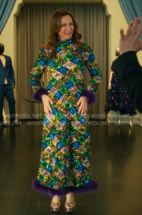Molly's green geometric sequin dress on Loot