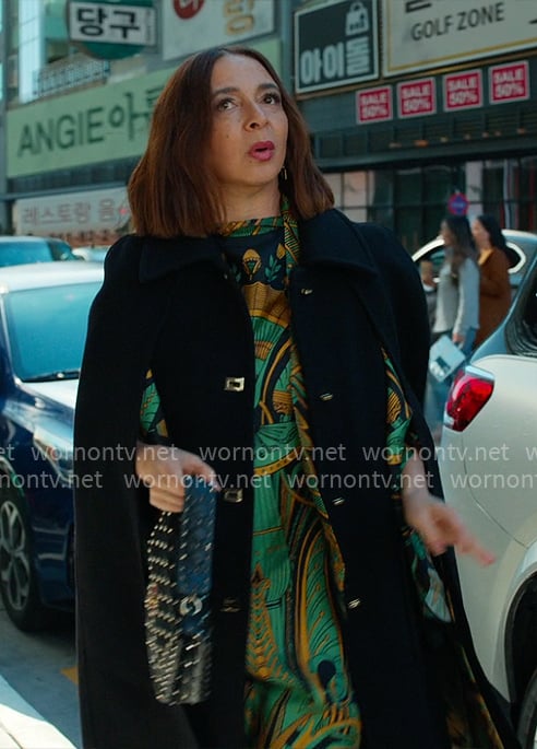 Molly's green printed dress and cape jacket on Loot