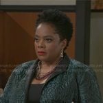 Mona’s green jacquard jacket on Beyond the Gates