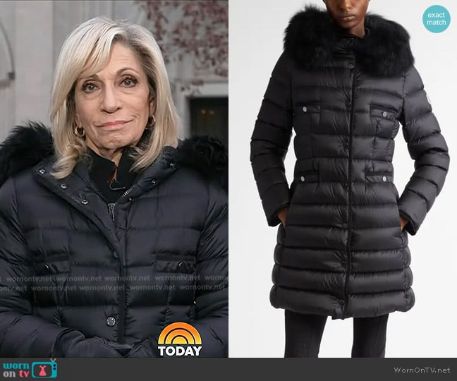 Moncler Hirmafur Hooded Down Puffer Jacket with Removable Genuine Shearling Trim worn by Andrea Mitchell on Today