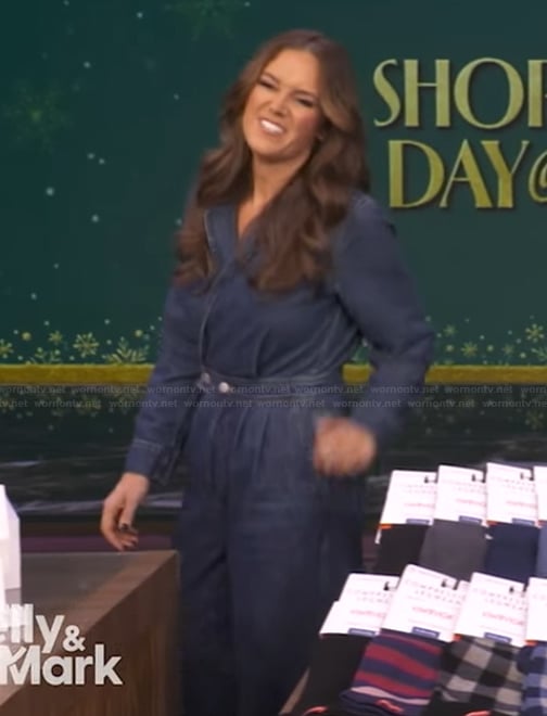 Monica's denim wrap jumpsuit on Live with Kelly and Mark