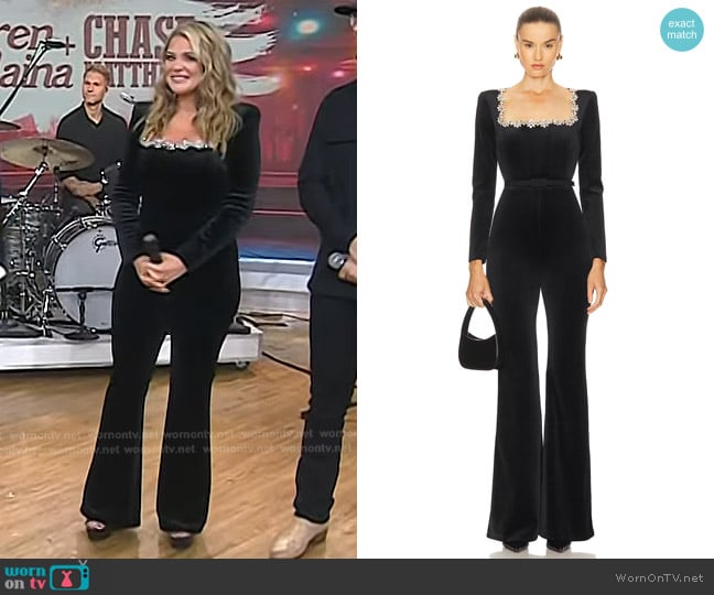 Lauren Alaina’s black embellished rhinestone neckline jumpsuit on Today
